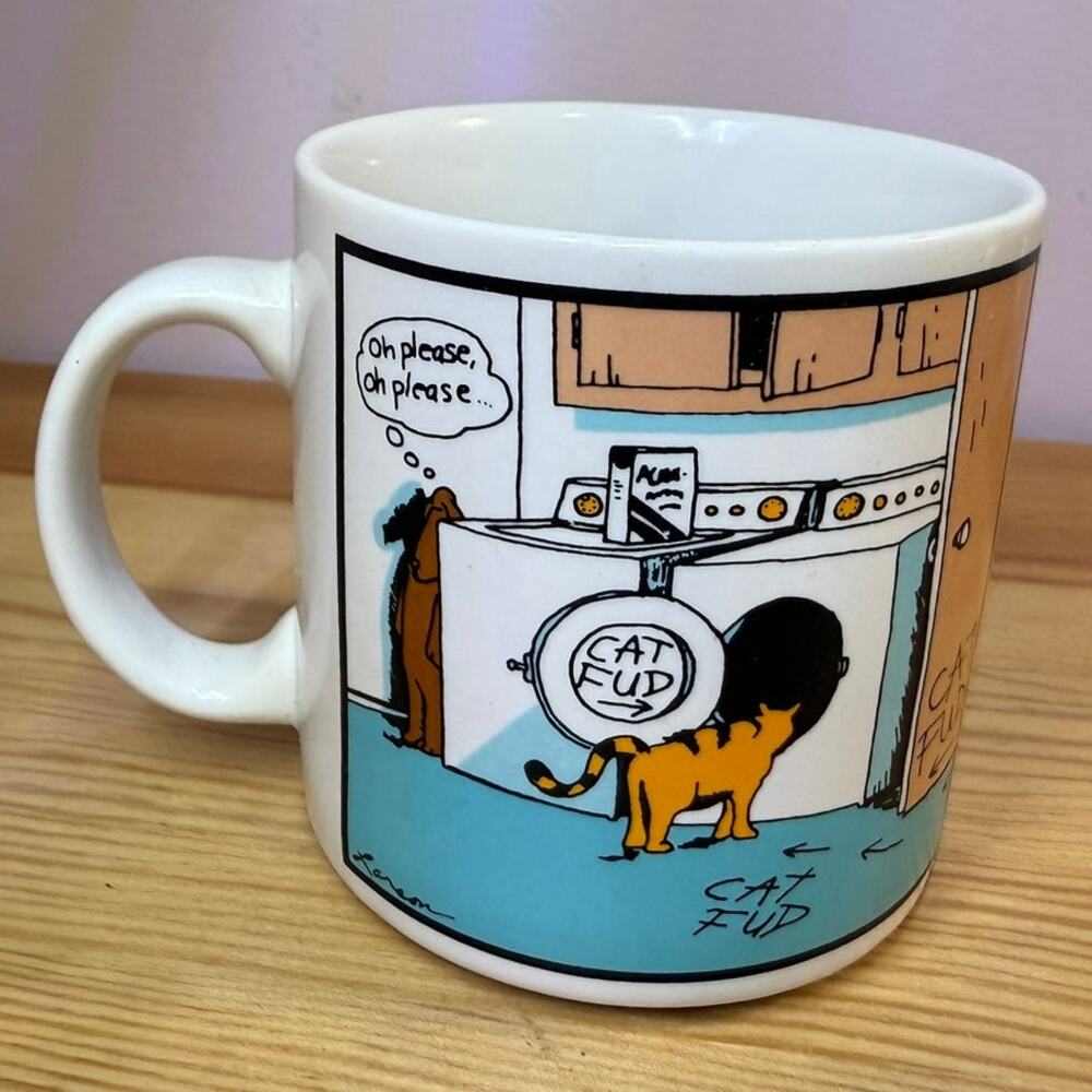 Vintage Far Side Gary Larson Cat Fud Coffee Mug 1985 Universal Press Syndicate